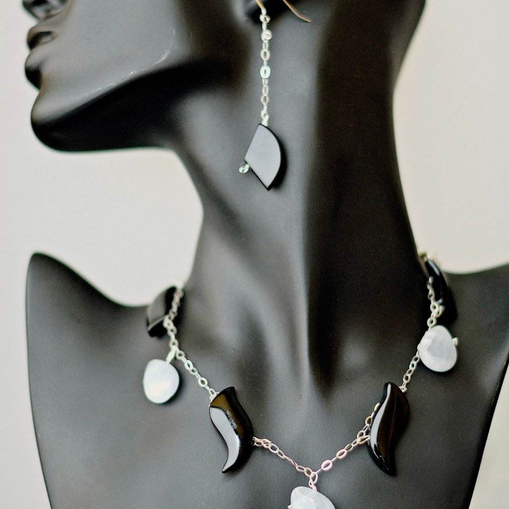 Of Dreams And Darkness - Celestite & Onyx Sparkling Glamorous Silver Necklace